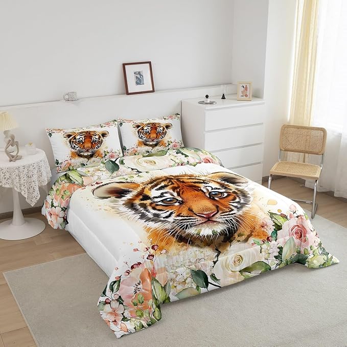 Manfei Cartoon Tiger Boys Kids Comforter Set Full Size,Watercolor Flowers Kawaii Baby Tiger Duvet Set Room Decor,Cute Wildlife Animal Brushed Microfiber Soft Bedding Comforter - Image 2