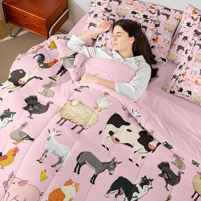 Erosebridal King Size Farm Animal Comforter Set with Sheets Boys Girls Cartoon Animals 7 Piece Bedding Sets for Kids Cute Rustic Pink Bed in A Bag Funny Country Animal Theme Bed Set - Image 2