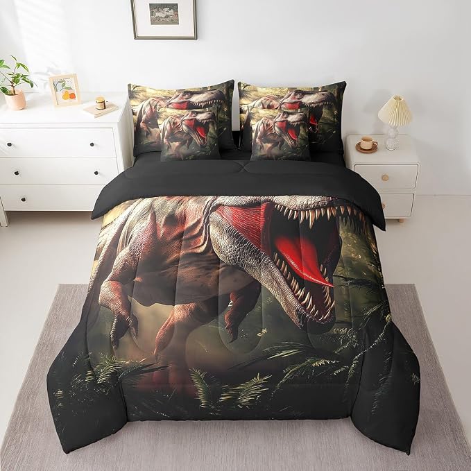 Erosebridal Dinosaur King Bedding Set - Fierce Animal Bed in A Bag,Forest Jungle Theme Comforter Sets with Sheets, Wild Animal Print 7 Pieces Bed Set Bedroom Decor - Image 3
