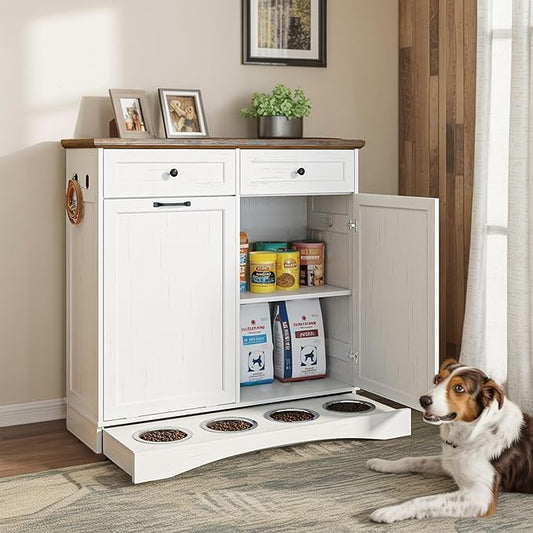 Double Tilt Out Trash Can Cabinet with Dog Bowl, 10 Gallons Dog Food Storage Cabinet, Hidden Trash Can Cabinet with Hideaway Drawer for Kitchen, Living Room (White Grain, Double Door) by Furnivio