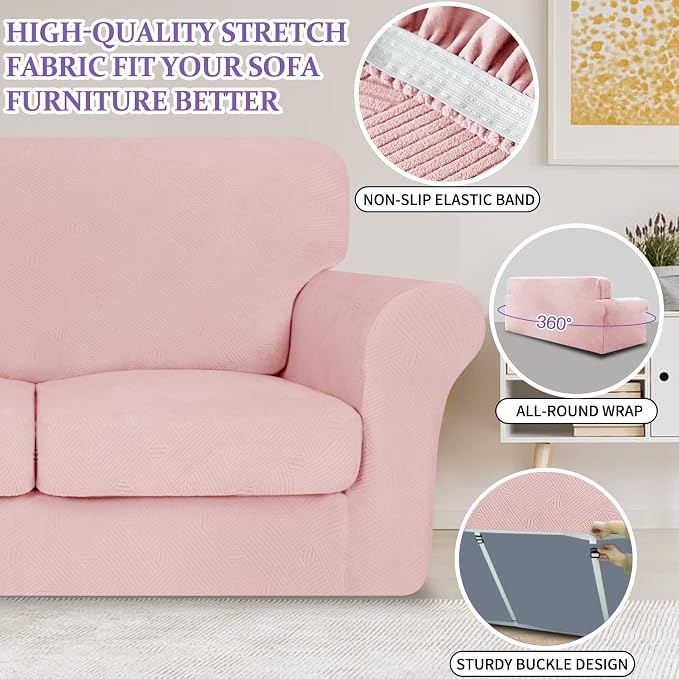 ZNSAYOTX 2 Piece Stretch Chair Covers (31"-46"), Thick Striped Armchair Slipcover with Elastic Band Bottom Ties Non-Slip Stay in Place, Soft Durable Arm Chair Covers for Living Room, Rose - Image 4