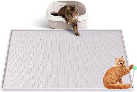Silicone Cat Litter Box Mat 34'' x 22'' Cat Mat with Toy, White | Extra Large Litter Mat with lip, Non-Slip Waterproof Cat Litter Mat Litter Trapping Mat for Floor, Easy to Clean by Bartuke