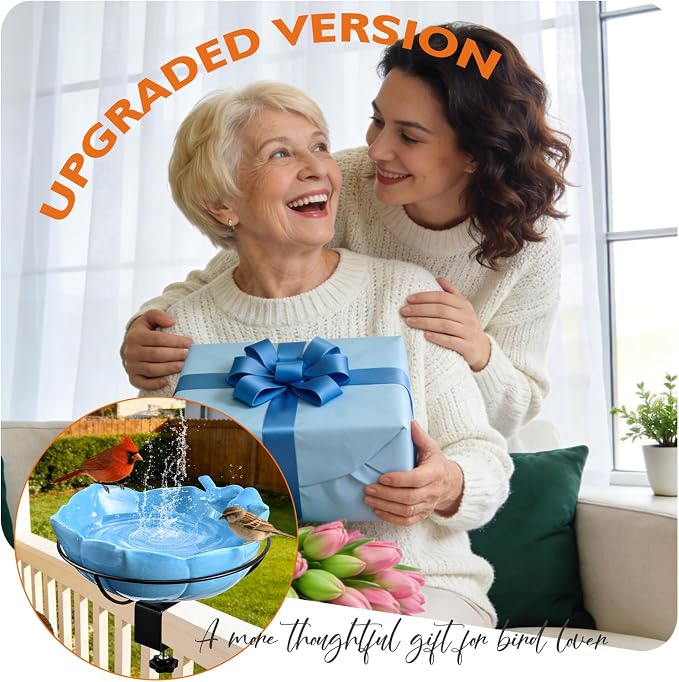 Glazed Ceramic Bird Bath for Deck Railing, 11 Inch Outdoor Deck Mounted Bird Baths Feeder Bowl with Adjustable Clamp, Easy Install Balcony Patio Birdbath for Outside Backyard Decoration, Blue - Image 9