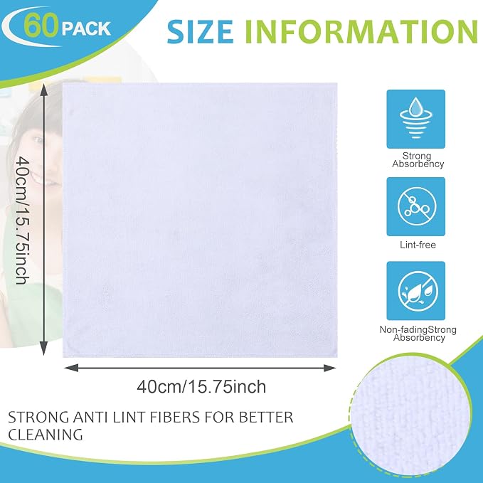 Nuenen Microfiber Cleaning Cloths for Cars 16 x 16 Inch Ultra Absorbent Car Towels Drying Reusable Cleaning Supplies House Kitchen Window Microfiber Towel(White,60 Pcs) - Image 4