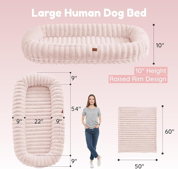 ChiXnuggle Orthopedic Human Dog Bed,Striped Faux Fur Washable Cover,Blanket | pink,72*40*10,giant dog bed for adult or extra large dogs,egg crate foam,non-slip bottom - Image 3