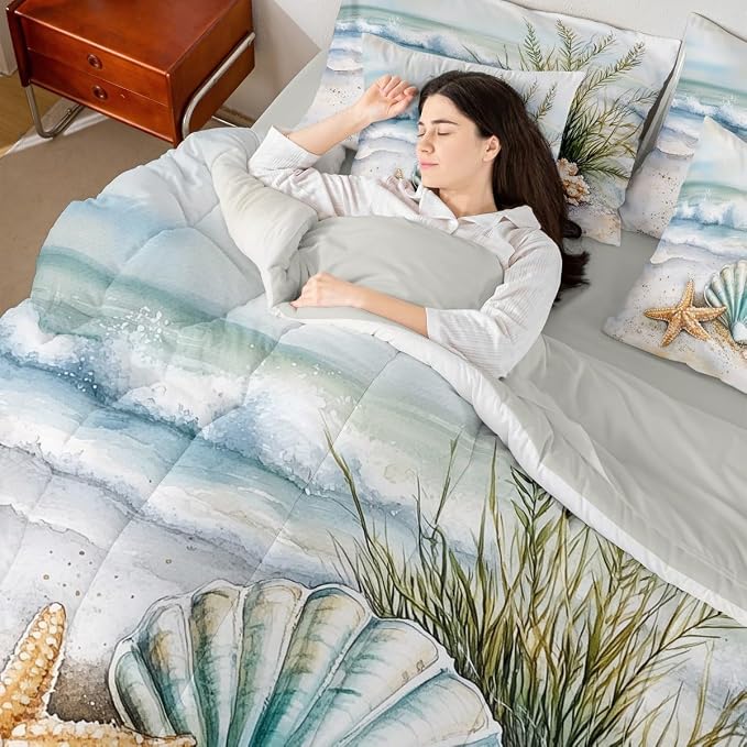 Erosebridal Coastal Twin 7 Pieces Bedding Set for Kids, Summer Beach Nautical Bed in A Bag for Boys Girls Women Men, Sea Waves Marine Life Comforter Set with Sheets, Shell Seaweed Starfish Bed Sets - Image 7