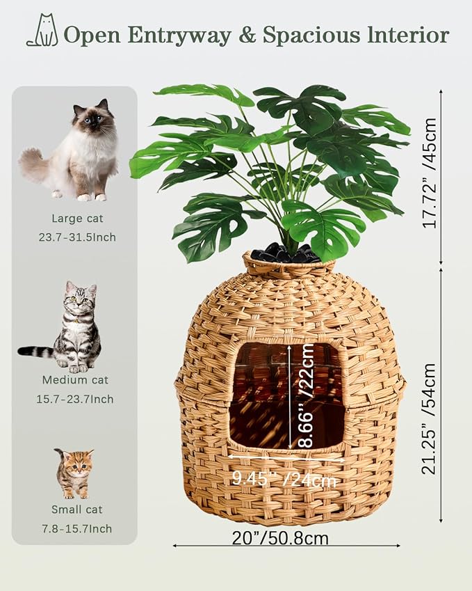 SETVSON Cat Litter Box Enclosure Plant, PE Rattan Kitty House, Natural | Decorative Planter Design, Waterproof Inner PVC Liner, Includes Artificial Plants, Real Stones, Litter Mat, 20x20 Inches - Image 5
