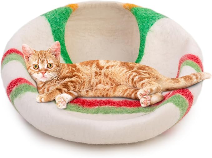 Woolygon Premium Felt Cat Cave Bed – Wool Kitty Beds Handcrafted Kitten Caves Bed for Indoor Cats - Made from Merino Wool, Foldable Cat Hideaway Covered Cat House Pod (Candy Swirl) - Image 6