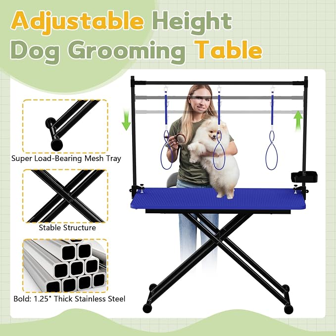 Professional Dog Pet Grooming Table Adjustable Heavy Duty Portable w/Arm & Noose & Mesh Tray (46", Blue) - Image 4