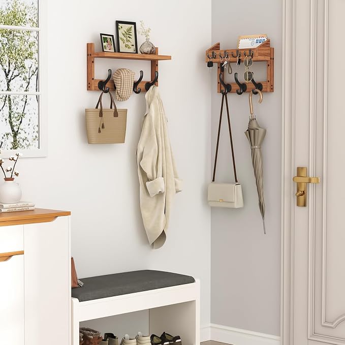 Evermagin 29" Coat Rack Wall Mount with Shelf & 11 Hooks, Entryway, Brown | 4-in-1: coat hooks, key hanger, mail holder & display shelf. Pine wood. For bedroom, hallway, mudroom, livingroom. - Image 3
