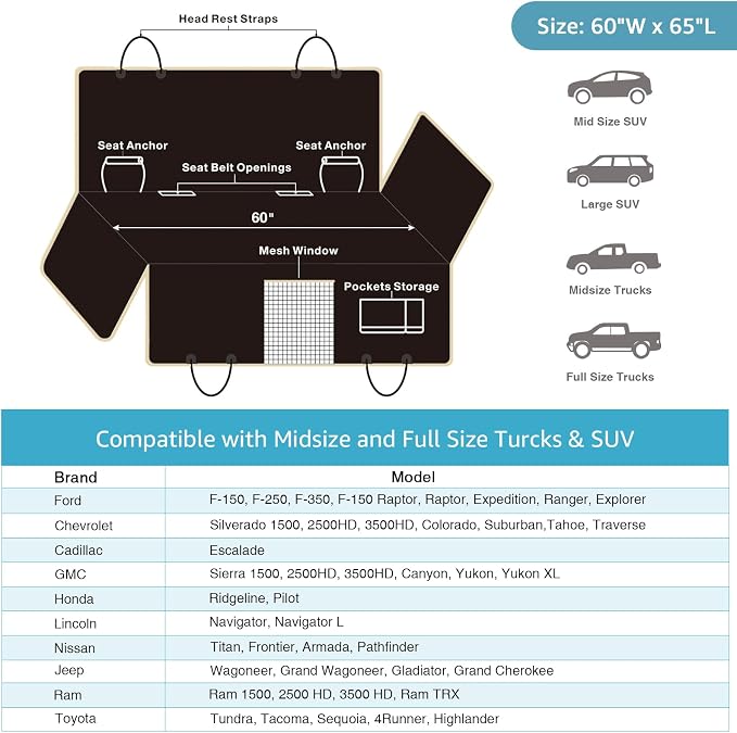 Lassie XL Truck Dog Seat Cover Back Seat with 2 Seat Belts, Dog Car Hammock for Large SUV and Trucks Compatible with F150 F250/Chevrolet Silverado/Ram Pickup/GMC Sierra/Toyota Tundra and Crew Cab - Image 5