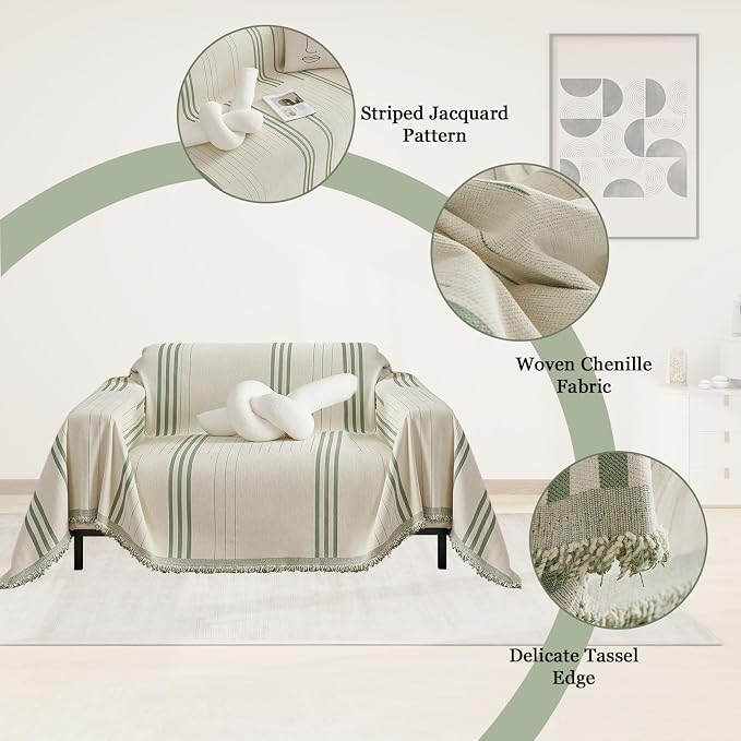 DREAMINGO Chenille Armchair Cover Jacquard Sofa Covers Washable Furniture Protector Recliner Couch Cover 1 Cushion Reversible Chair Cover Beige Green Striped Couch Cover Blanket 71"x 71" - Image 4