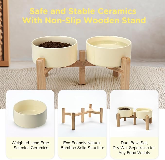 SPUNKYJUNKY Elevated Dog Bowls Ceramic, 6.1'' Dogs and Cat Food Water Bowls Raised with Non-Slip Bamboo Stand for Medium Sized Breed Microwave Dishwasher Safe - 28.7 OZ,Beige - Image 6