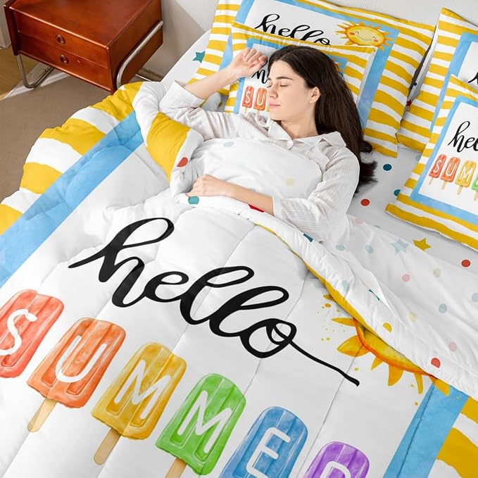 Erosebridal Kids Summer Beach King Size Comforter Set with Sheets, Yellow Stripes Bed in A Bag for Girls Boys Teens Women Men, Funny Geometric 7 Pieces Bedding Set, Sun Ice Cream Popsicle Bed Sets - Image 7