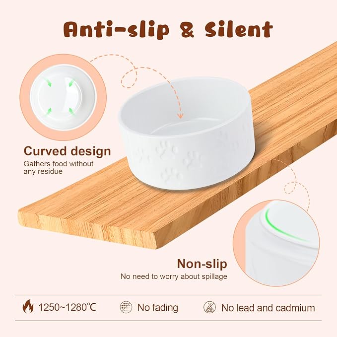 SPUNKYJUNKY Ceramic Elevated Dog Bowl Set with Acacia Wood Stand for Food and Water for Cats and Small Dogs (13.52 OZ, White, Dog Paw Pattern) - Image 5