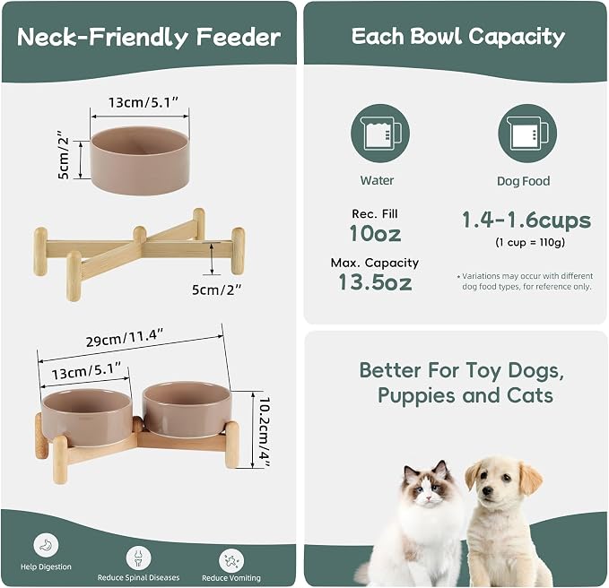 Havniva Elevated Dog Bowls Ceramic Dog Bowls with Stand, Dog Food Bowl | 5.1” Raised Dog Bowls with Non-Slip Wood Stand, Dog Food and Water Bowl Set, Double Dog Feeding Bowls for Small Dogs - Image 2