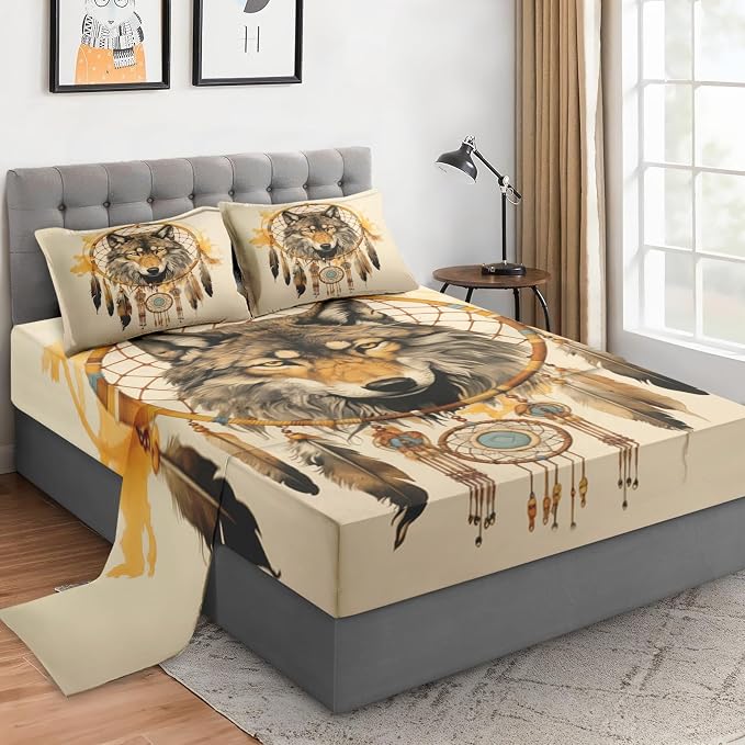 WeCozy Queen Size Bed Sheet Sets with Pillowcases, Tribal Wolf 4 Pcs Soft Microfiber Bedding for Kids and Adults, American Boho Feather Dog Flat, Fitted Sheet for Bedroom Bed Decor by WeCozyHomeDecor