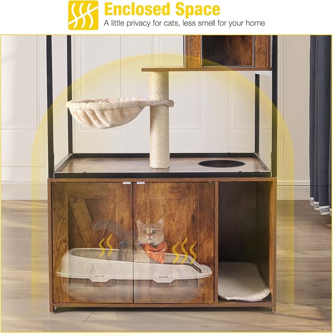 Aivituvin Cat Litter Box Enclosure, Litter Box Furniture Hidden, Wooden Cat Washroom Furniture, Indoor Cats House with Condo, Hammock, Scratching Mat and Storage Shelves - Image 2