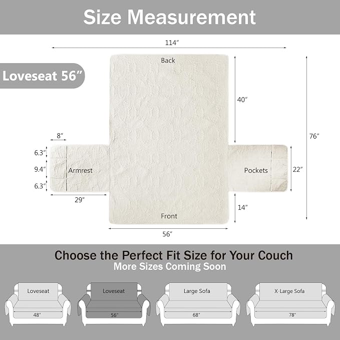 Ivory White Loveseat Couch Cover 2 Cushion Sofa, Water-Repellent Sofa Slipcover for Couch, Machine Washable Love Seat Quilted Couch Covers, Loveseat Slipcovers (Loveseat 56", Ivory White) - Image 7