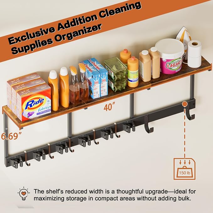 Broom Holder Wall Mount with Cleaning Supplies Organizer, Laundry Room Organization and Storage Shelves with Ironing Board Holder, Mop Hanger Broom Rack with Hooks, Home Improvement Garage Organizer - Image 4
