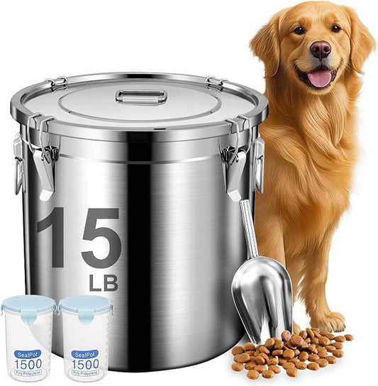 Newget Dog Food Storage Containers, Large Stainless Steel Pet Food Storage Containers 15 lb / 6.5 kg to Keep Fresh, Metal Airtight Cat Food Containers With Scoop and 2 Small Containers by Newget