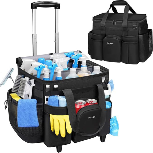 Ytonet Cleaning Caddy with Wheels, Large Rolling Cleaning Caddy Bag with Detachable Trolley for Housekeepers, Water Resistant Cleaner Supplies Organizer with Wheels for Kitchen, Car, Tool Organizer by YTONET