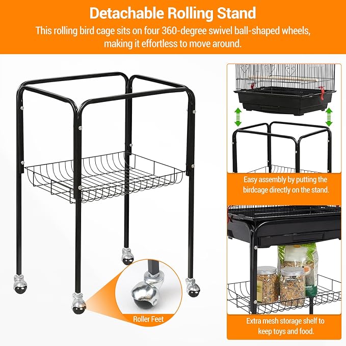 Garvee Open Top Large Parrot Bird Cage, Hanging Bird Cage with Detachable Rolling Stand and Storage Shelf, Playtop Parrot Cages Heavy-Duty Pet Birds House for Cockatiel Black - Image 5
