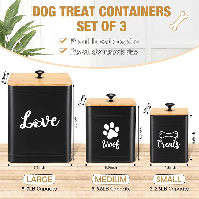 Jingmore Metal Dog Treat Containers Set of 3 with Bamboo Lids and Spoon Airtight 7+3+2 lbs Dog Food Snack Jars with DIY Labels Big Pet Cookie Storage Jar for Kitchen Counter(Black,Classic) - Image 2