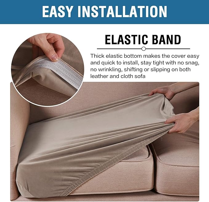 H.VERSAILTEX Velvet Stretch Couch Cushion Cover Plush Cushion Slipcover for Chair Loveseat Sofa Cushion Furniture Protector Seat Cushion Sofa Cover (3 Piece Sofa Cushion Covers, Taupe) - Image 4