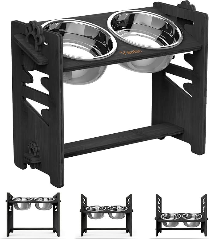 Vantic Elevated Dog Bowls, Raised Bowl Stand Adjustable Large/XLarge, Black | Bamboo Elevated Feeder with 2 Stainless Steel Bowls, Adjustable Height Stand for Large and Extra-Large Dogs by Vantic