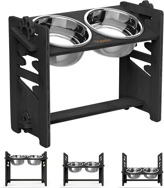 Vantic Elevated Dog Bowls, Raised Bowl Stand Adjustable Large/XLarge, Black | Bamboo Elevated Feeder with 2 Stainless Steel Bowls, Adjustable Height Stand for Large and Extra-Large Dogs by Vantic