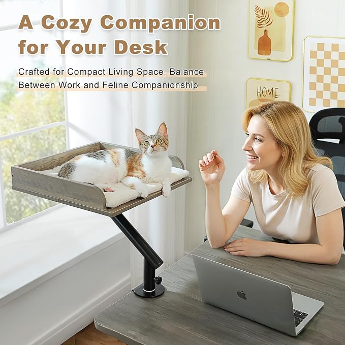 PAWZ Road Cat Desk Bed, Wooden Cat Bed for Desk Supports Up to 50 lbs, 360° Rotation & Adjustable, Nest Desktop Attachment Cats Hammock for Table, Gray - Image 7