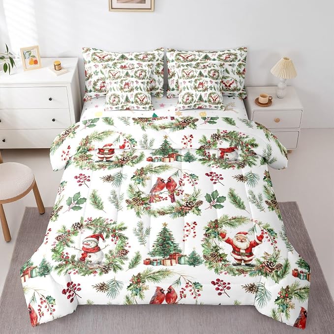 Erosebridal Merry Christmas King Comforter Set with Sheets 7 Piece Red Green Xmas Cardinal Bed in A Bag Xmas Snowman Santa Claus Bedding Sets for Teens Christmas Red Berry Branches Wreath Bed Set - Image 4