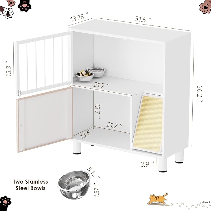 Dog Proof Cat Feeding Station, Metal Cat Feeding Cabinet, White | Elevated Cat Feeding Station, Pet Food Station with Storage, Cat Bowl Stand, Scratching Board, Stainless Steel Bowls - Image 2