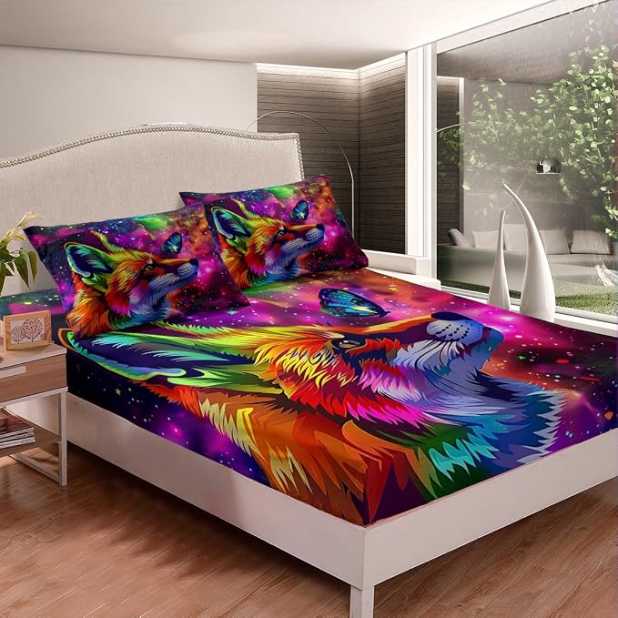Fox Print Sheet Set Twin Size Cartoon Fox Butterfly Bed Sheets for Kid Girl Boys,3D Animal Theme Colorful Galaxy Painting Fitted Sheet,Starry Sky Flat Sheet Home Room Decor with 1 Pillowcase - Image 4