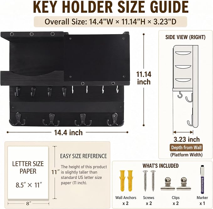 Key Holder for Wall Mount with Shelf and Mail Organizer, Key and Mail Holder with 16 Hooks, Farmhouse Entryway Organizer, Home Decor Rack (Pine Wood, Black) - Image 2