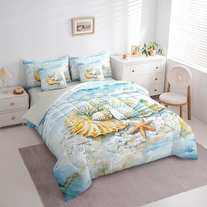 Erosebridal Kids Coastal Bed in A Bag Twin, Summer Beach Nautical Comforter Set with Sheets for Boys Girls Teens Adults, Shell Seaweed Starfish 7 Pieces Bedding Set, Sea Waves Marine Life Bed Sets - Image 2