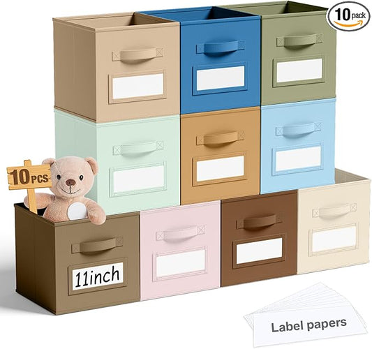 Teenyyou 10 Pack Fabric Storage Cubes 11 Inch Collapsible Cube Bins with Label Window & Handle Foldable Organizers Baskets for Shelf Closet Nursery Kids Room Clothes Book Toy(Boho) by Teenyyou