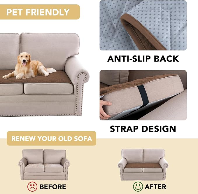 H.VERSAILTEX Couch Cover Chenille Pet Fuzzy Sofa Covers for 2 Cushion Couch Anti Slip Washable Sofa Slipcovers with Strap Soft Couch Protector Cover for Dogs Cats Kids(27.6" x 59",Coco Mocha) - Image 4