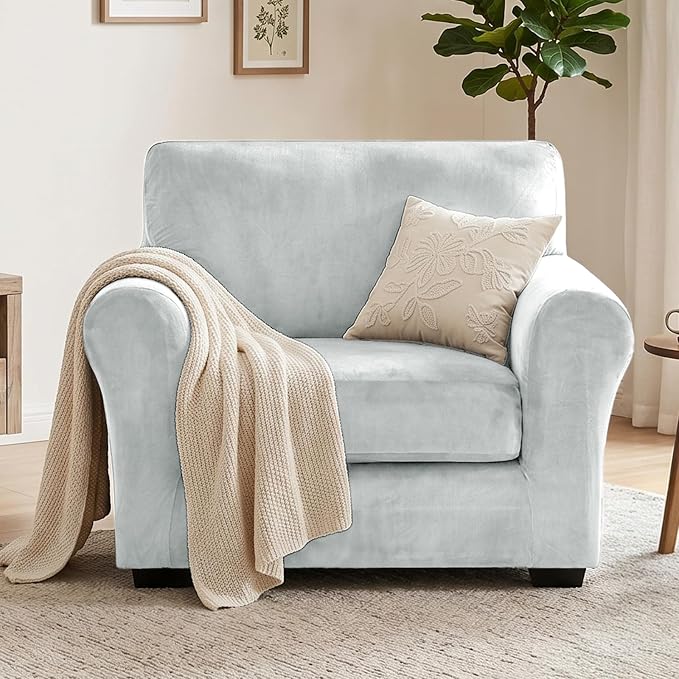 XINEAGE 2-Piece Velvet Armchair Sofa Cover,Couch Covers for Dog,Silver Gray | 1 Cushion Chair,Stretch Non-slip Elastic, Pet-friendly, Washable, Fast Setup, Soft Plush Fabric, Furniture Protector. - Image 4