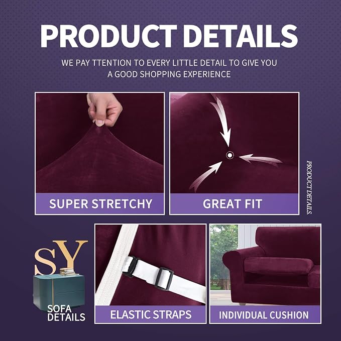 ZNSAYOTX Luxury Velvet Chair Slipcovers with Arm 2 Piece Stretch Chair Covers for Living Room Thick Soft Armchair Slipcover Anti Slip Dog Pet Friendly Furniture Protector (Wine Red),30"-47"(1 CUSHION) - Image 4