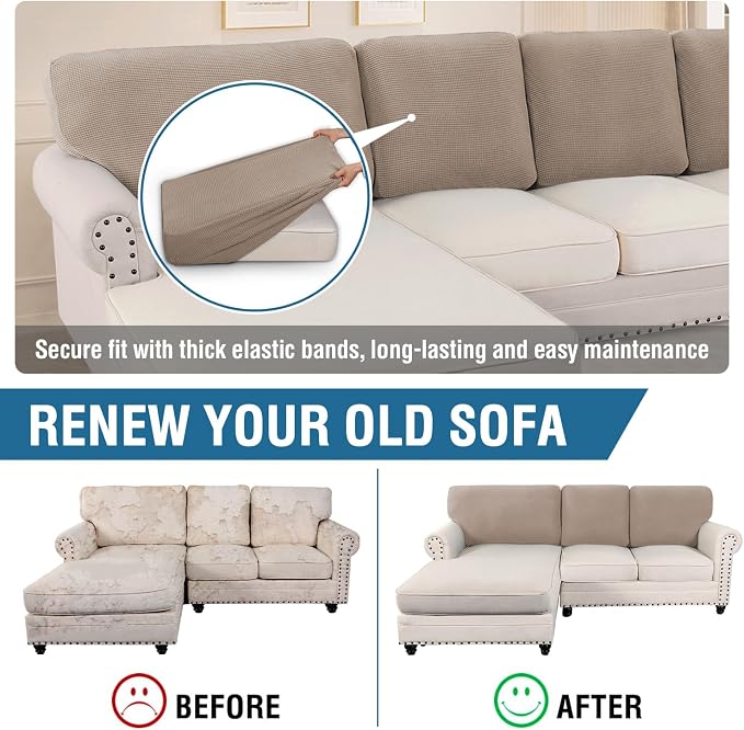 H.VERSAILTEX Backrest Cushion Covers Sectional Couch Back Cushion Covers for Sectional Sofa Set for Both Left/Right Couch (Back Only: 1 Chaise + 2 Sofa, Sand) - Image 5