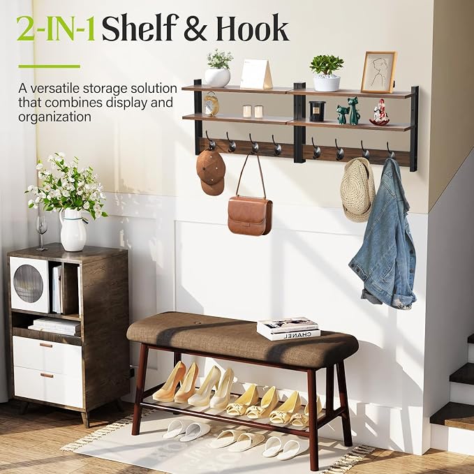 2 Tier Coat Rack Wall Mount with Shelf, 33" Wall Shelf with Hooks, Entryway Key Holder for Wall with 8 Heavy Duty Double Hooks, Coat Hook Wall Mounted for Bedroom, Living Room, Rustic Brown - Image 5