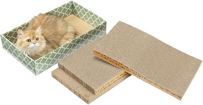 MECOOL Cat Scratching Board，3PC Scratch Pad with Box，Reversible Corrugated Scratcher Cardboard and Lounge Bed for Indoor Cats, Catnip by MECOOL