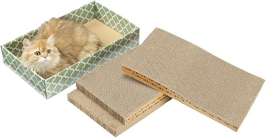 MECOOL Cat Scratching Board，3PC Scratch Pad with Box，Reversible Corrugated Scratcher Cardboard and Lounge Bed for Indoor Cats, Catnip by MECOOL