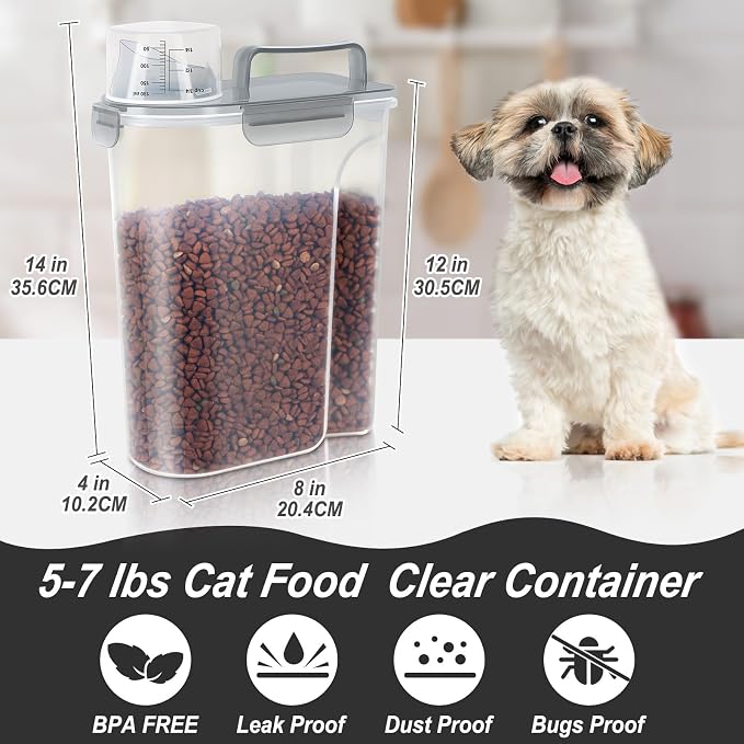 LEAWALK 5-7Lbs/6Qt Dog Cat Storage Container Portable with Upgraded Large Spout and Cup, Plastic Pet Food Dispenser for Small Animal Kibble, Bird Seed, Oatmeal, Rice, Flour, Brown Sugart- Clear Gray - Image 3