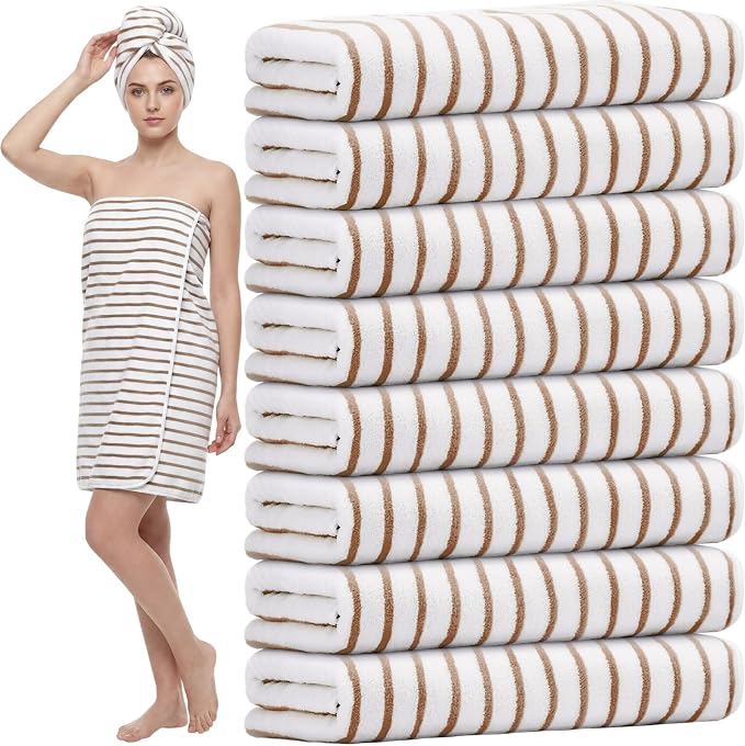 SmoothNovelty 8 Pack Microfiber Bath Towels Bulk 27'' x 60'' Oversized Bath Towel Highly Absorbent Extra Large Shower Sheets Soft Drying for Beach Pool Bathroom Salon Party(Thin Stripe,Camel) by SmoothNovelty