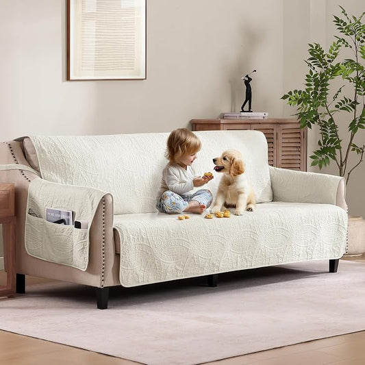 Quilted Grand Sofa Covers for 4 Cushion Couch, Couch Cover for Grand Sofa Washable, Soft Cozy Couch Protector, Oversized Grand Sofa Slipcovers Water-Repellent (Grand Sofa 98", Ivory White) by Pamhaven