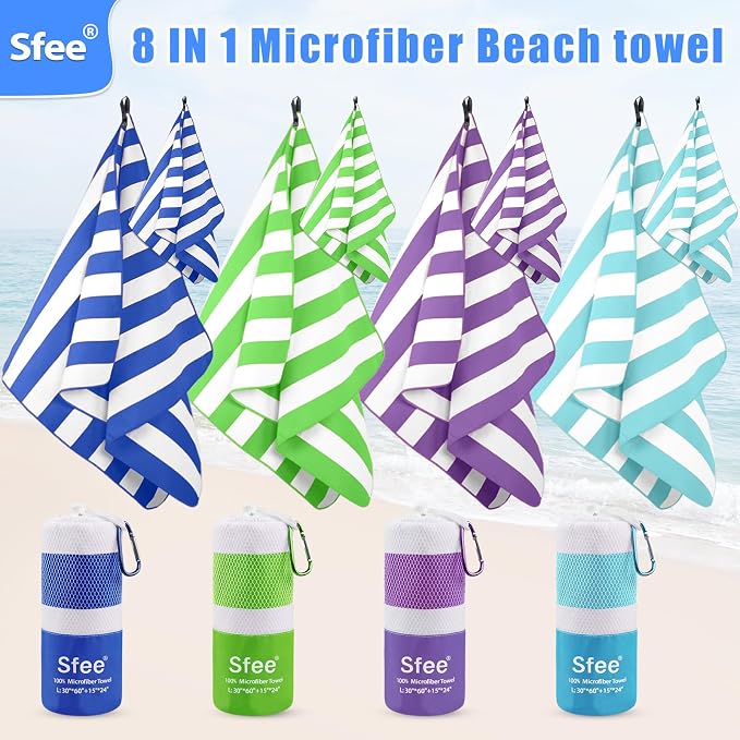 Sfee 4 Pack(8Pcs) Microfiber Travel Towel, Beach Towel Quick Dry Towel Camping Towel Super Absorbent Compact Lightweight Sports Towel Gym Towel Set for Beach, Gym, Hiking, Pool, Backpacking, Yoga - Image 2