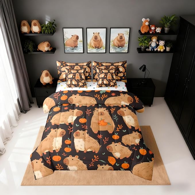 Erosebridal Cute Capybara 7-Piece Bedding Set King Size for Capybara Lovers, Kawaii Aninal Comforter Set with Sheets, Persimmon Bed in A Bag, Cartoon Fruit Bedding Comforter Sets, Black by Erosebridal